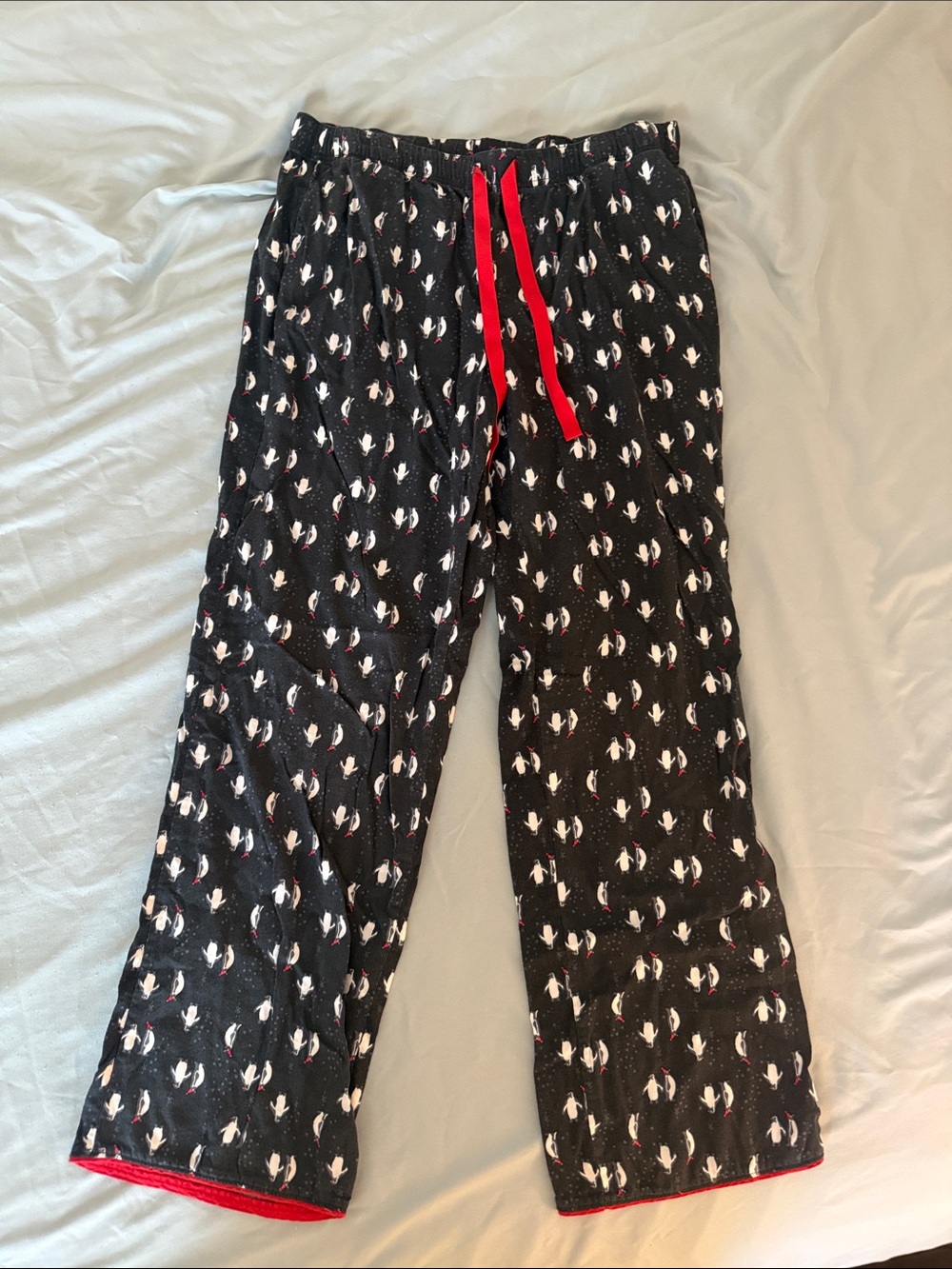 Victoria's Secret Black Pajama Pants with White Penguin Print and Red Accents